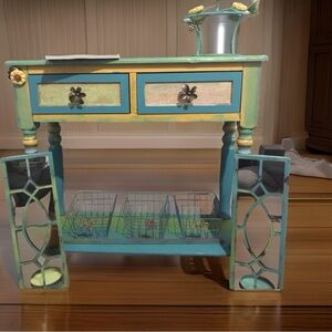 Hand crafted accent table, blue,yellow, light green, antique gold